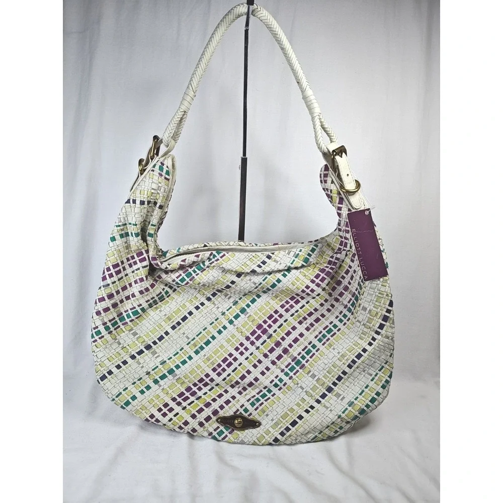 Elliott Lucca Woven Leather Large Hobo Purse Plaid off white purple NWT Flaw